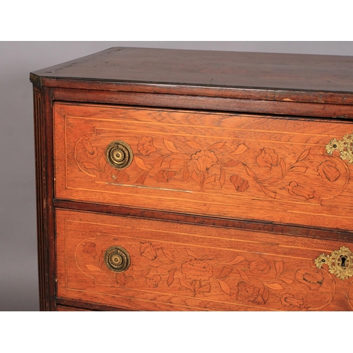 605 - A LATE 18TH/EARLY 19TH CENTURY DUTCH MARQUETRY CHEST, the canted rectangular top inlaid to the centr... 