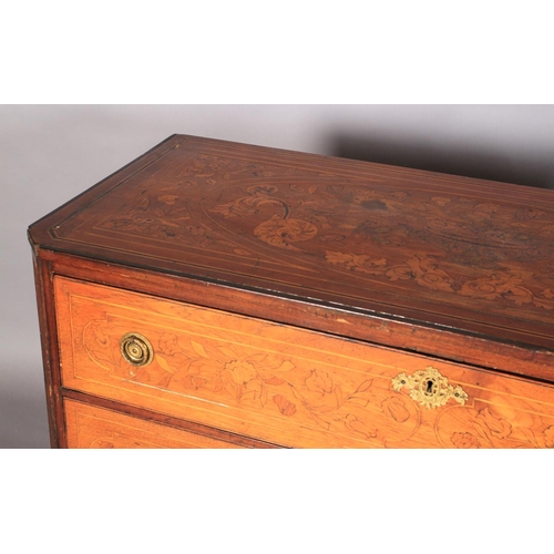 605 - A LATE 18TH/EARLY 19TH CENTURY DUTCH MARQUETRY CHEST, the canted rectangular top inlaid to the centr... 