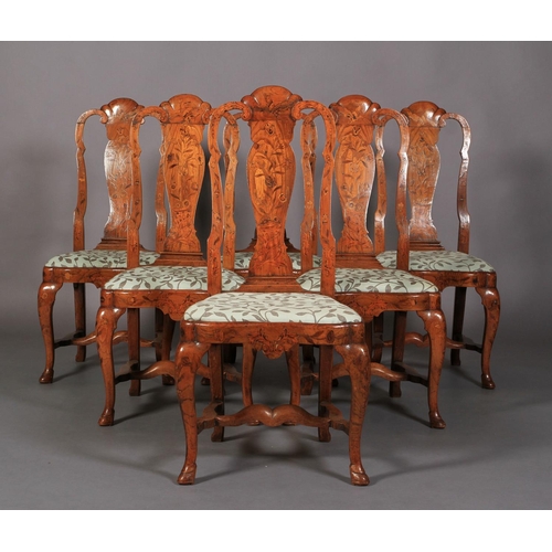 606 - A SET OF SIX 18TH CENTURY DUTCH ELM AND FLORAL MARQUETRY CHAIRS, the arched top rails inlaid with sw... 