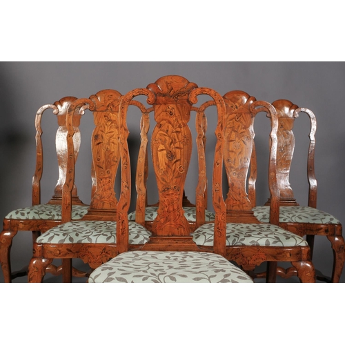 606 - A SET OF SIX 18TH CENTURY DUTCH ELM AND FLORAL MARQUETRY CHAIRS, the arched top rails inlaid with sw... 