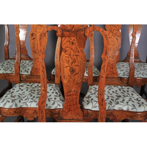 606 - A SET OF SIX 18TH CENTURY DUTCH ELM AND FLORAL MARQUETRY CHAIRS, the arched top rails inlaid with sw... 