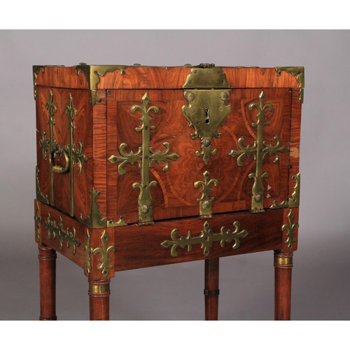 607 - A 17TH CENTURY FLEMISH OYSTER LABURNUM STRONG BOX applied overall with 'fleur de lys' strapwork moun... 