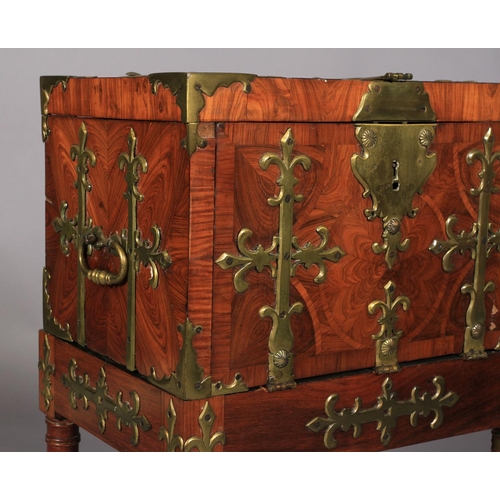 607 - A 17TH CENTURY FLEMISH OYSTER LABURNUM STRONG BOX applied overall with 'fleur de lys' strapwork moun... 