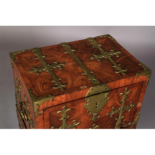 607 - A 17TH CENTURY FLEMISH OYSTER LABURNUM STRONG BOX applied overall with 'fleur de lys' strapwork moun... 