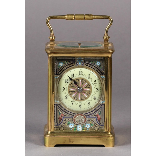 61 - A LATE 19TH CENTURY BRASS CASED HOUR REPEATING CARRIAGE CLOCK the silvered face finely engraved and ... 