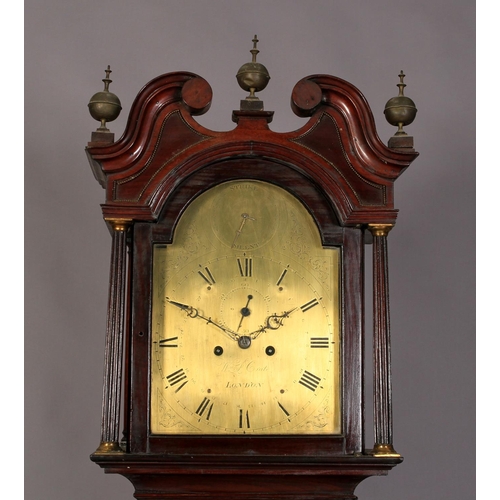 62 - A GEORGE III MAHOGANY LONGCASE CLOCK with cavetto moulded swan neck pediment, set with three ball an... 