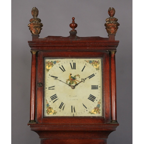 63 - A GEORGE III MAHOGANY LONGCASE CLOCK with square hood with pair of gilt foliate urn and flambeau fin... 