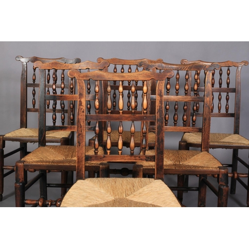 630 - A SET OF SIX 19TH CENTURY ELM AND FRUITWOOD SPINDLE BACK DINING CHAIRS, having two rows of five spin... 