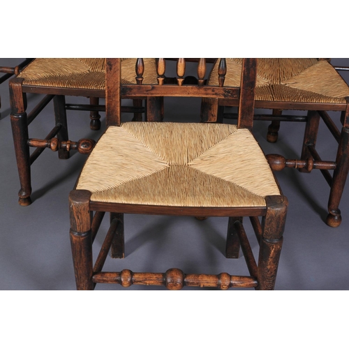 630 - A SET OF SIX 19TH CENTURY ELM AND FRUITWOOD SPINDLE BACK DINING CHAIRS, having two rows of five spin... 