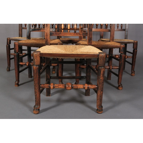 630 - A SET OF SIX 19TH CENTURY ELM AND FRUITWOOD SPINDLE BACK DINING CHAIRS, having two rows of five spin... 