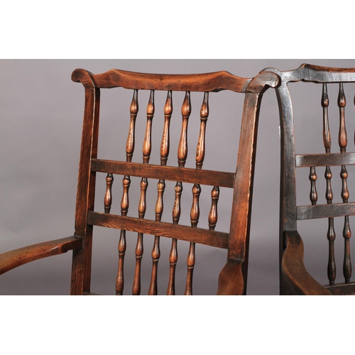 631 - TWO SIMILAR 19TH CENTURY ELM AND FRUITWOOD SPINDLE BACK CARVERS, each having three rows of spindles,... 