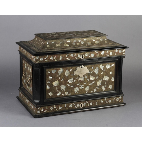 66 - A DUTCH COLONIAL EBONISED CASKET 17TH CENTURY inlaid overall with mother-of-pearl flowerheads on a g... 