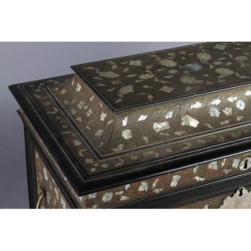 66 - A DUTCH COLONIAL EBONISED CASKET 17TH CENTURY inlaid overall with mother-of-pearl flowerheads on a g... 