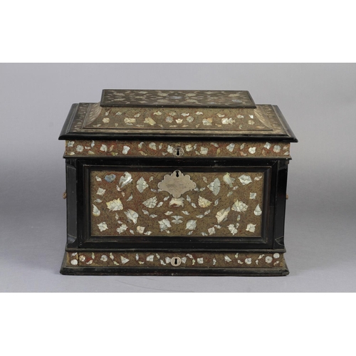 66 - A DUTCH COLONIAL EBONISED CASKET 17TH CENTURY inlaid overall with mother-of-pearl flowerheads on a g... 