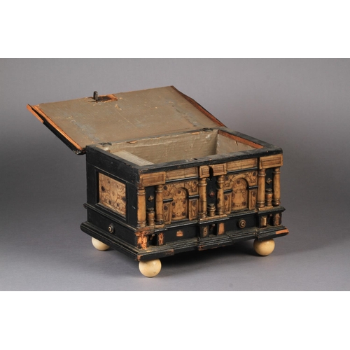 67 - A FLEMISH EBONISED CASKET OF LATE 17TH CENTURY STYLE, rectangular, the front of architectural design... 