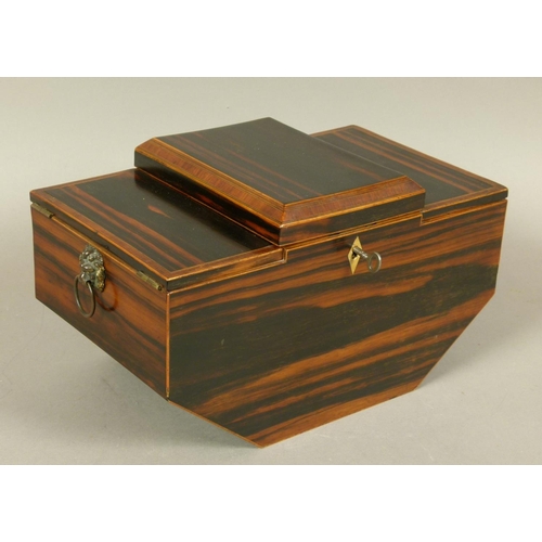 76 - A REGENCY COROMANDEL WORK BOX of 'Ark' form, the front with kite shaped keyplate, hinged central lid... 