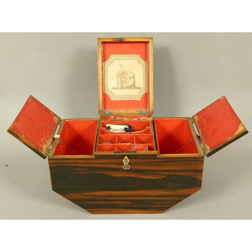 76 - A REGENCY COROMANDEL WORK BOX of 'Ark' form, the front with kite shaped keyplate, hinged central lid... 