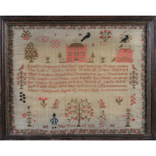 8 - AN EARLY 19TH SAMPLER  worked by Mary Targoose aged 12 years 1819, with The Tree of Life, husband an... 