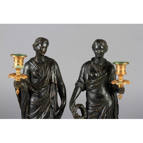 82 - A PAIR OF PATINATED PLASTER FIGURES in the style of Humphrey Hopper, each classical female standing ... 