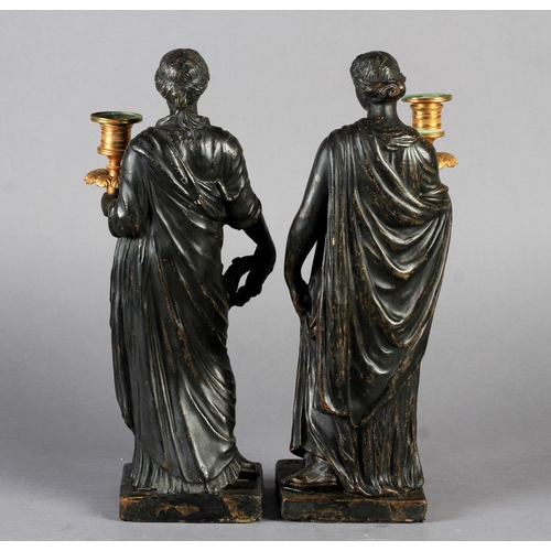 82 - A PAIR OF PATINATED PLASTER FIGURES in the style of Humphrey Hopper, each classical female standing ... 