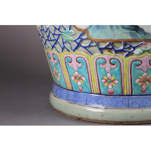 86 - A LARGE CANTONESE VASE c.1850, the baluster form painted with figures on a terrace within a gilt-lin... 