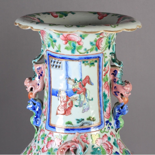 87 - A LARGE PAIR OF CANTONESE PORCELAIN VASES c.1880 of baluster form, each painted with figures at cour... 