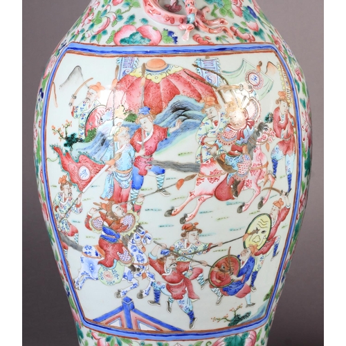 87 - A LARGE PAIR OF CANTONESE PORCELAIN VASES c.1880 of baluster form, each painted with figures at cour... 