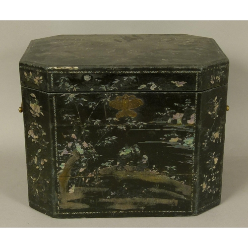 89 - A CHINESE LAC-BURGAUTE TEA BOX, c.1820 rectangular with canted corners, the black ground painted and... 