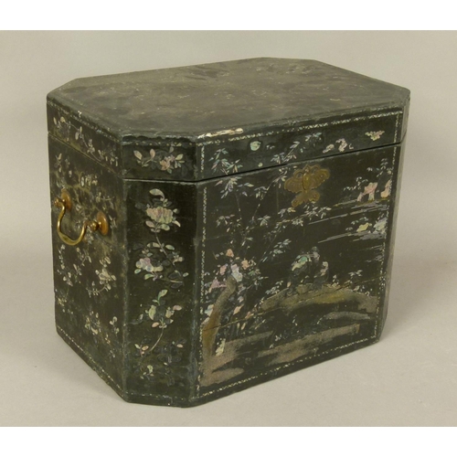 89 - A CHINESE LAC-BURGAUTE TEA BOX, c.1820 rectangular with canted corners, the black ground painted and... 