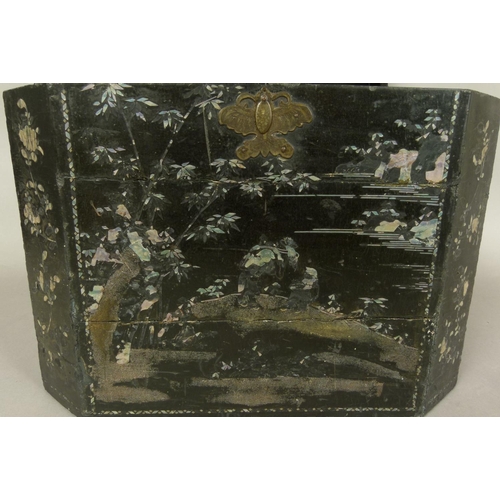 89 - A CHINESE LAC-BURGAUTE TEA BOX, c.1820 rectangular with canted corners, the black ground painted and... 