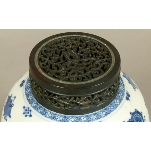 93 - CHINESE BLUE AND WHITE BALUSTER JAR, the crackle glazed body painted in underglaze blue with censers... 