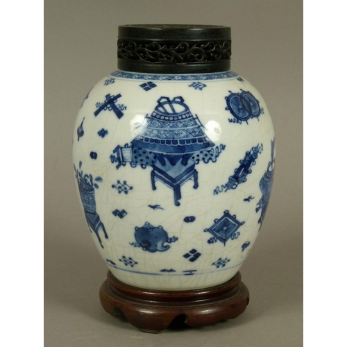 93 - CHINESE BLUE AND WHITE BALUSTER JAR, the crackle glazed body painted in underglaze blue with censers... 