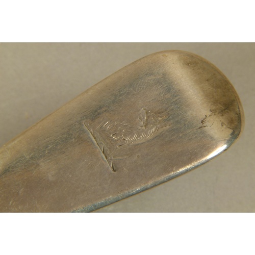 305 - A GEORGE III SILVER FIDDLE PATTERN FISH SLICE with pierced and part fluted blade, engraved with a cr... 