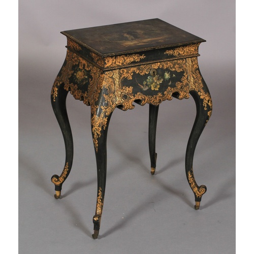 520 - AN EARLY VICTORIAN PAPIER MACHE WORK TABLE in the manner of Jennens & Betteridge, the hinged lid dec... 