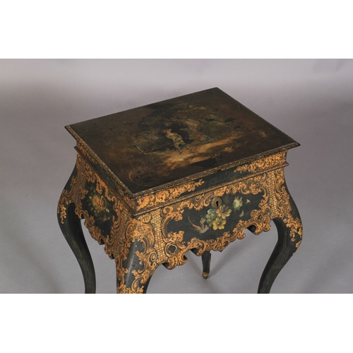 520 - AN EARLY VICTORIAN PAPIER MACHE WORK TABLE in the manner of Jennens & Betteridge, the hinged lid dec... 