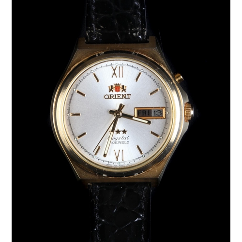 112 - An Orient gentleman's gold plated wristwatch, c.1975, automatic 21 jewel lever movement, silvered su... 