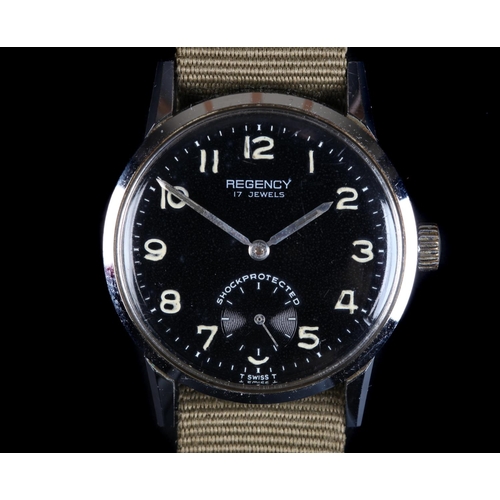 131 - A Regency gentleman's chromed wristwatch, c.1970, manual 17 jewel lever movement, black dial, lumino... 