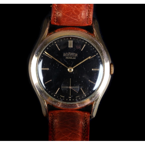 135 - A Roamer gentleman's rolled gold wristwatch, c.1965, manual jewel lever movement, black dial, gilt b... 