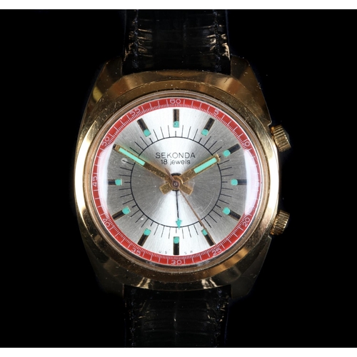 157 - A Sekonda gentleman's gold plated alarm wristwatch, c.1970, manual 18 jewel lever movement, silvered... 