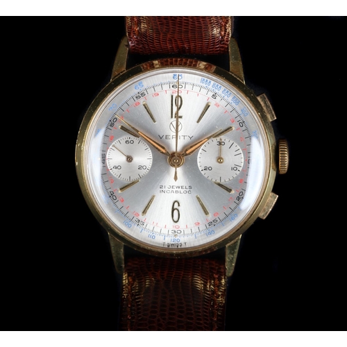 173 - A Verity gentleman's rolled gold chronograph wristwatch, c.1965, manual 21 jewel lever movement, sil... 