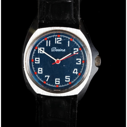 50 - A Devina gentleman's chromed wristwatch, c.1965, manual lever movement, metallic blue dial, white Ar... 
