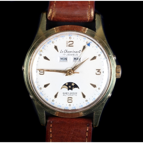 87 - A Le Cheminant gentleman's Moonphase Complete calender rolled gold wristwatch c.1960 automatic jewel... 