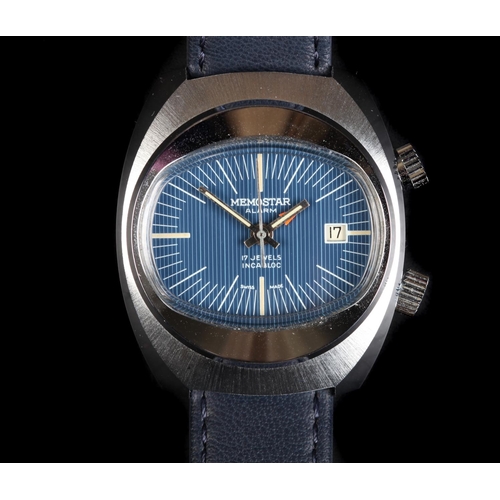 97 - A Memostar gentleman's alarm stainless steel wristwatch, c.1970, manual 17 jewel lever movement, ova... 