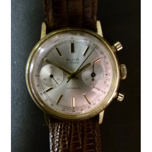 32 - An Avia gentleman's chronograph rolled gold wristwatch c.1970 manual 17 jewel lever movement, silver... 