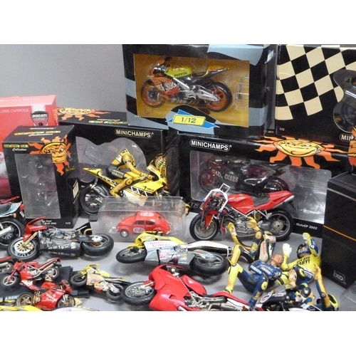 105 - A box of model racing bikes, mainly Minichamps, damaged or parts missing, some with original boxes