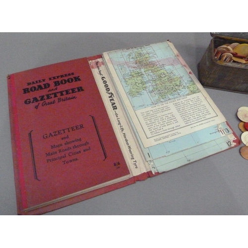 23 - A vintage Daily Express Road Book and Gazetteer together with a tin of plain and coloured counters a... 