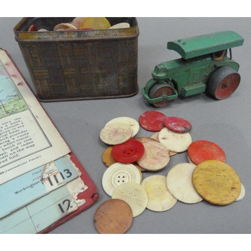 23 - A vintage Daily Express Road Book and Gazetteer together with a tin of plain and coloured counters a... 