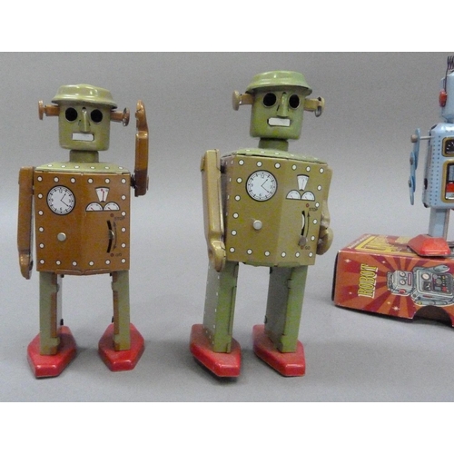 48 - Fantastic & Co Blue Radar tin plate clockwork robot, 11.5cm, boxed, together with a pair of khaki co... 