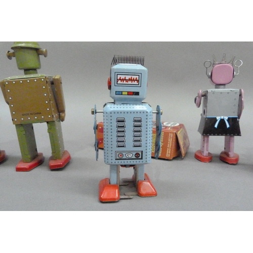 48 - Fantastic & Co Blue Radar tin plate clockwork robot, 11.5cm, boxed, together with a pair of khaki co... 