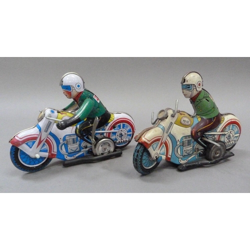 52 - A tinplate clockwork motorcyclist, c.1960s (arms missing) together with a reproduction of the same m... 